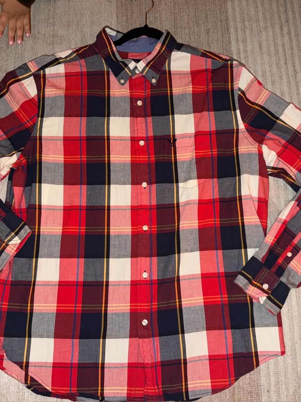 American Eagle Outfitters Red, Navy & Cream Plaid Button-Down Shirt